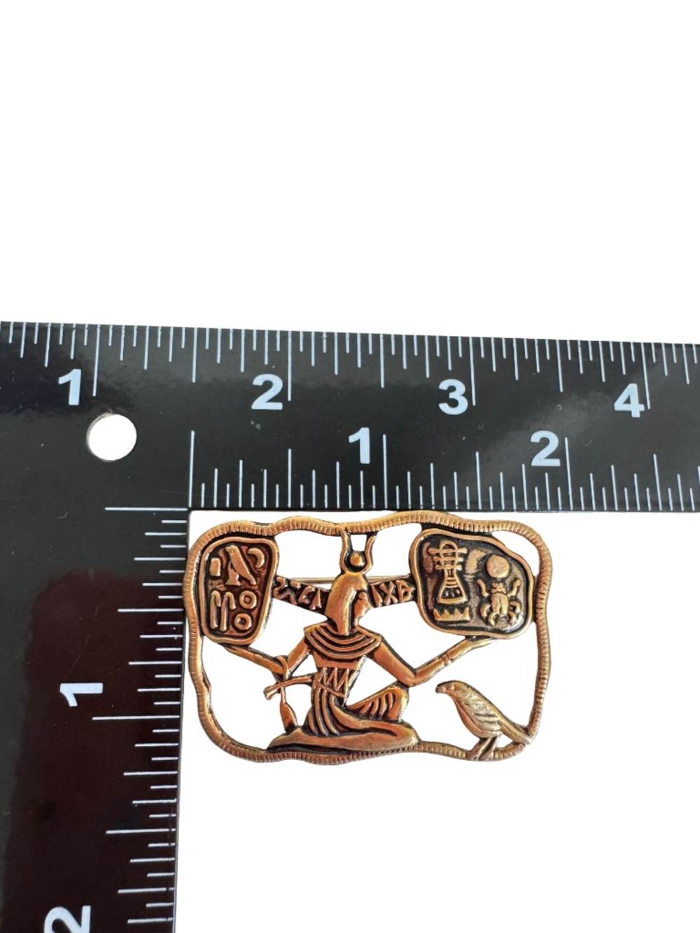 Vintage Egyptian Revival Gold Tone Brooch Hieroglyphic Deity Falcon Wall Relief - Picture 10 of 11